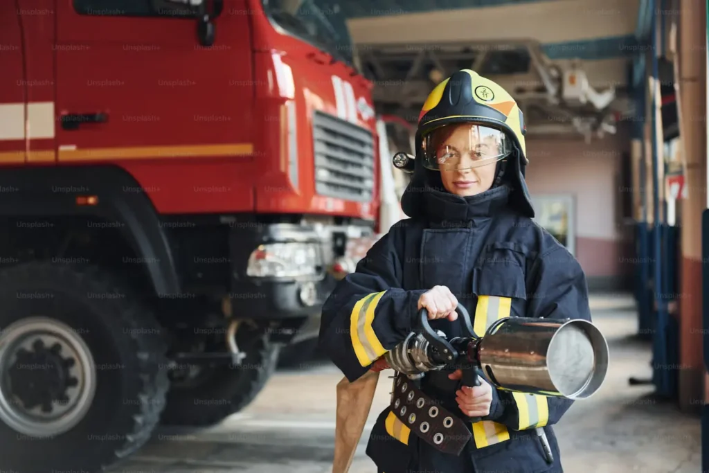 Fire safety inspection London – firefighter in uniform standing beside a fire engine